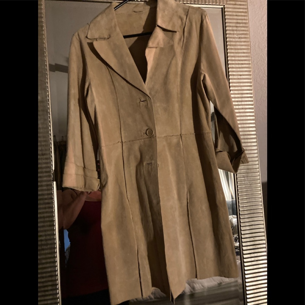 Custom pure leather camel in color blazer duster.